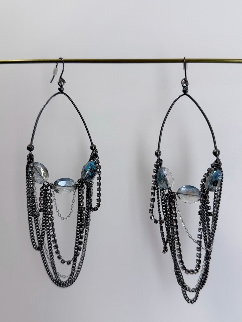 Gunmetal Hoop Earrings with Blue Crystal Accents